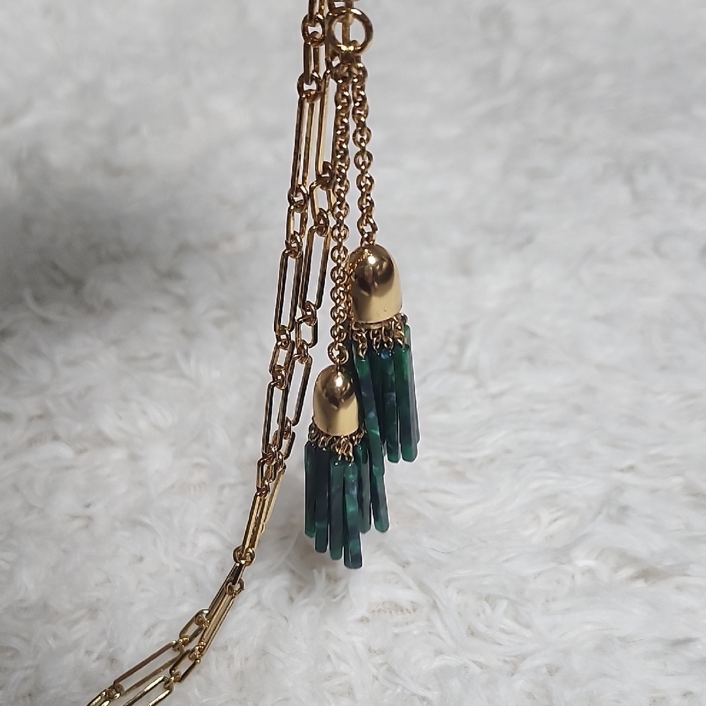 New With Tag Ann Taylor Gold Necklace with Green Stone Tassel